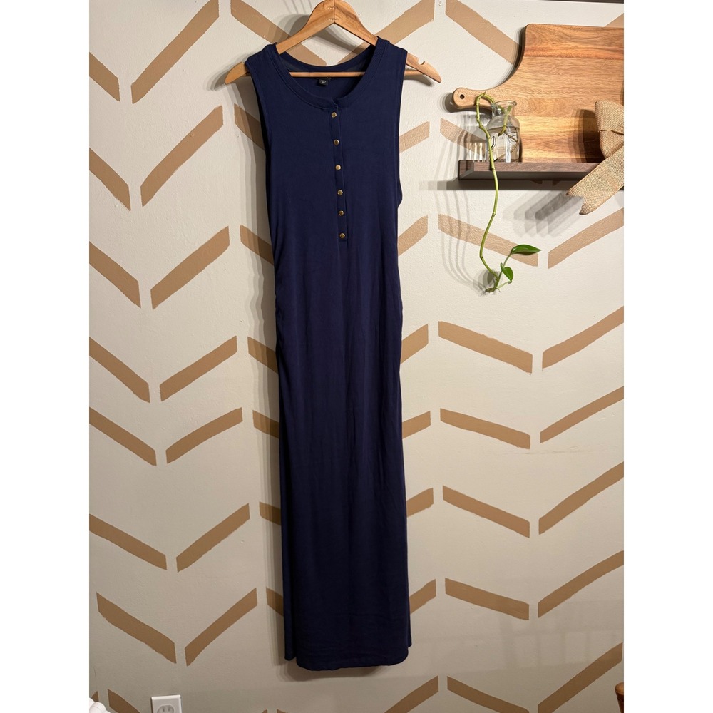 Boston Proper Maxi Dress Womens Size M Navy Blue Ribbed Henley‎ Slit 224110038